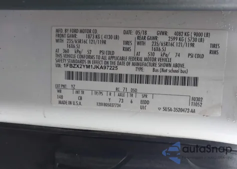 2018 Ford Transit-350 Xlt z USA, uszkodzony, nr VIN 1FBZX2YM1JKA97225